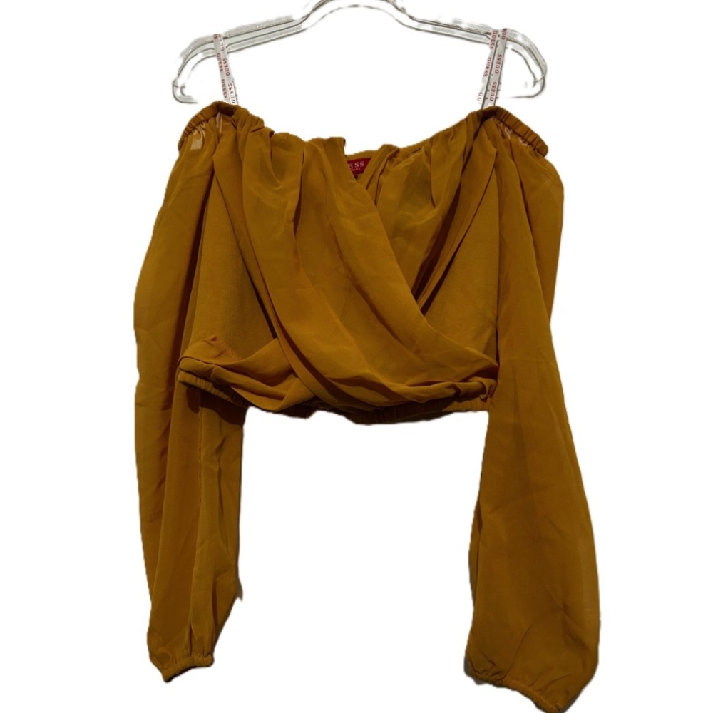 Guess Jenner Off-shoulder Mustard Yellow Blouse Small‎ Long Sleeve Crop Top - Picture 2 of 3